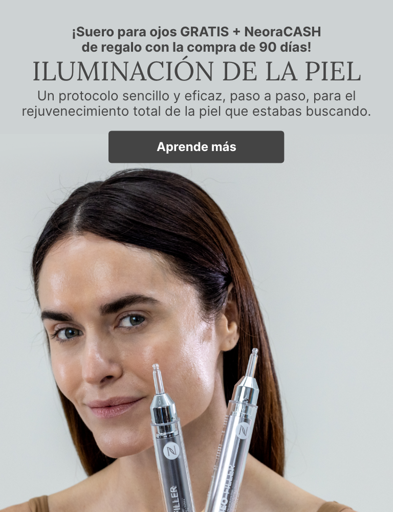 A woman holds a Neo-FILLER tube to her face. Accompanying text mentions you can more learn more about a 90-Day Skin Glow-Up.